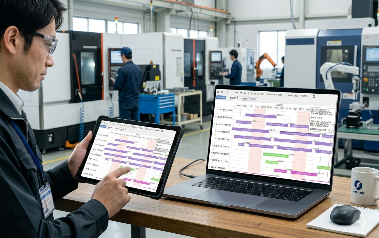 製造現場でタブレットとノートパソコンにサクスマの工程別・製番別・担当者別ガントチャートを表示し、工程進捗を確認する様子
